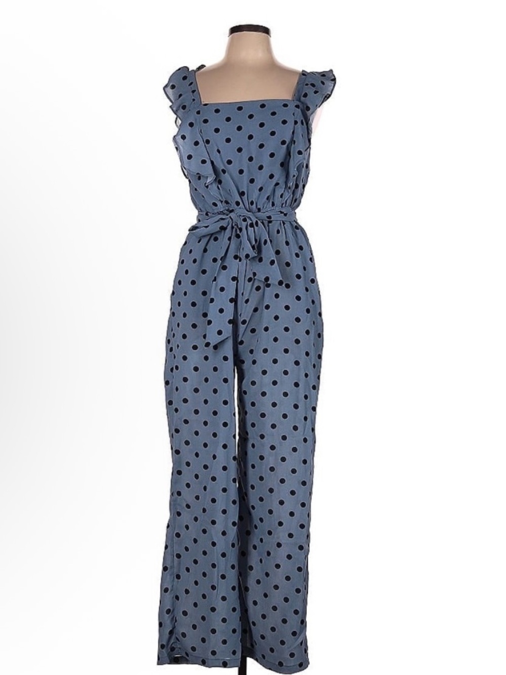 Hayden Los Angeles Scotlynn Polka Dot Ruffle Jumpsuit Slate Blue Tie Waist S